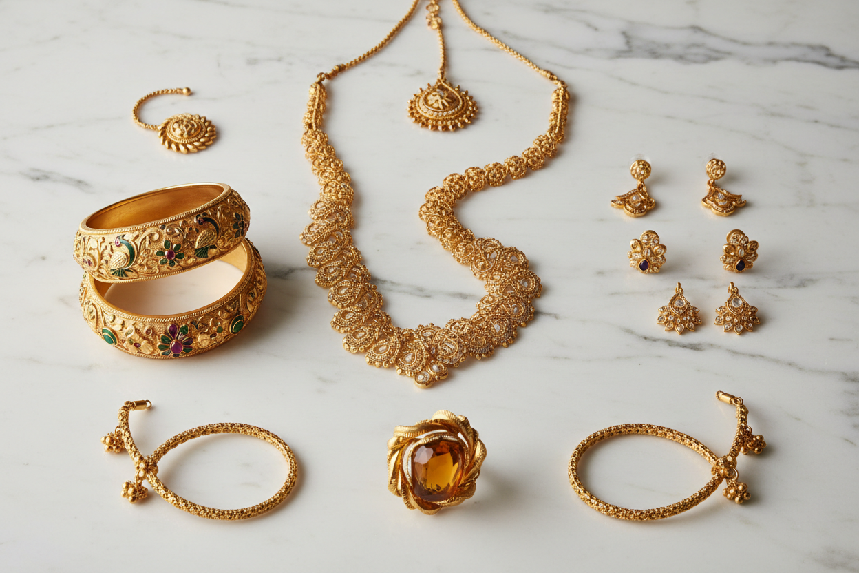all different gold ornaments places properly for a jewelery brand