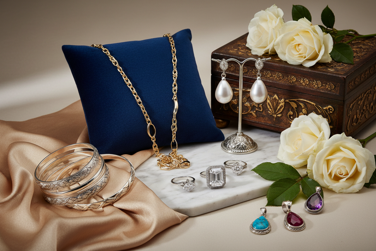 all different jewellers placed with props with professional photographyc