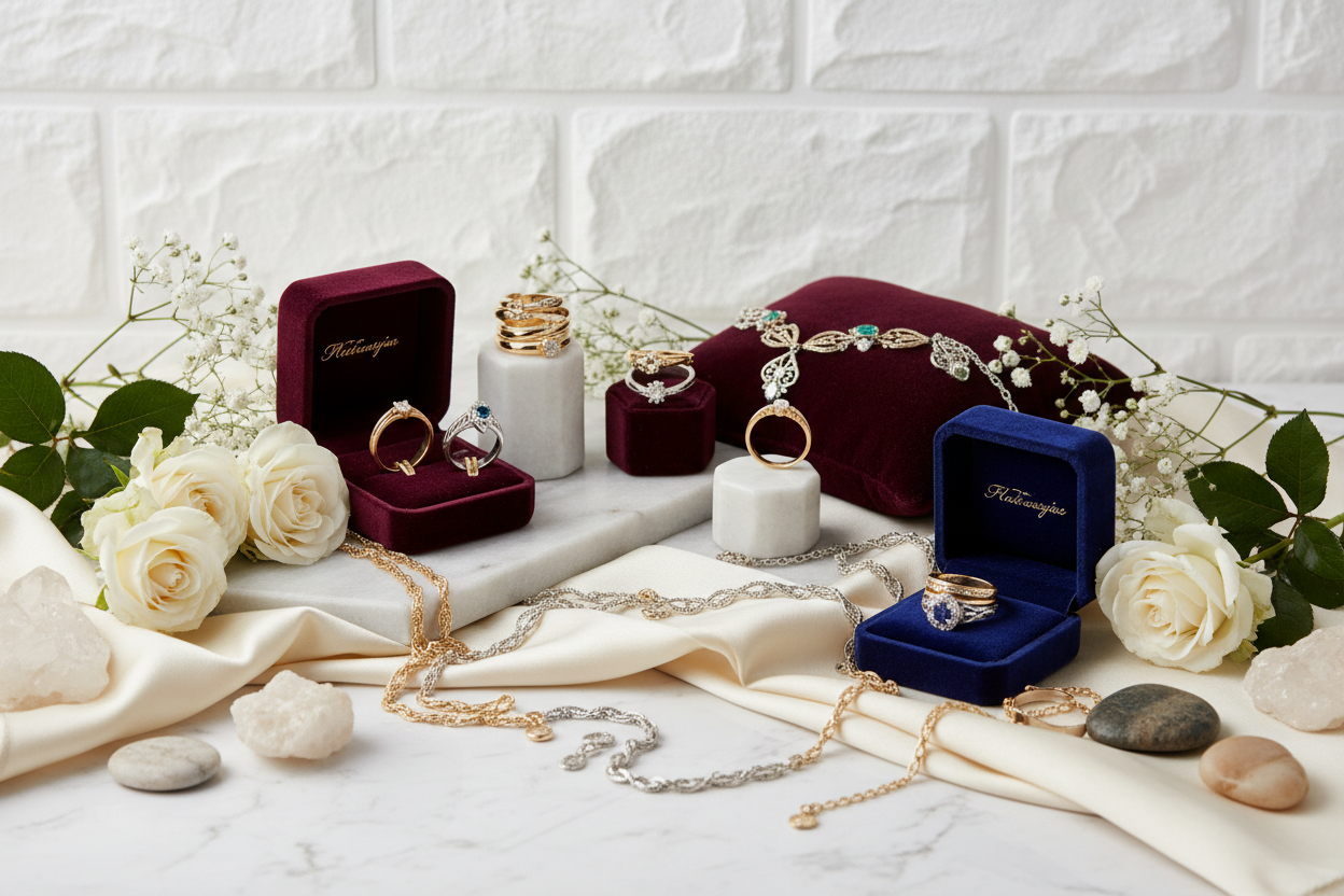 few rings chains necklaces placed with props with proper professional product photography