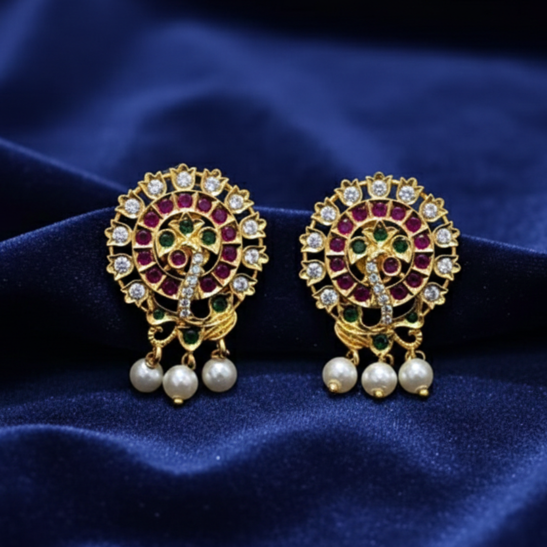 Temple Style Kemp Studs with Pearl Droplets